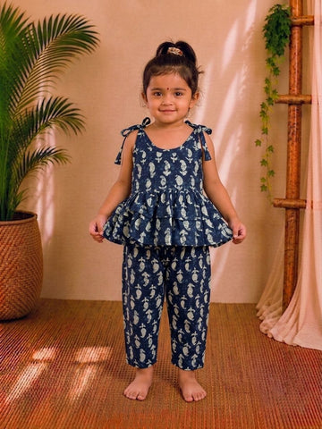 (CTP012) Navy Blue Printed Peplum Top  Co-ord Set