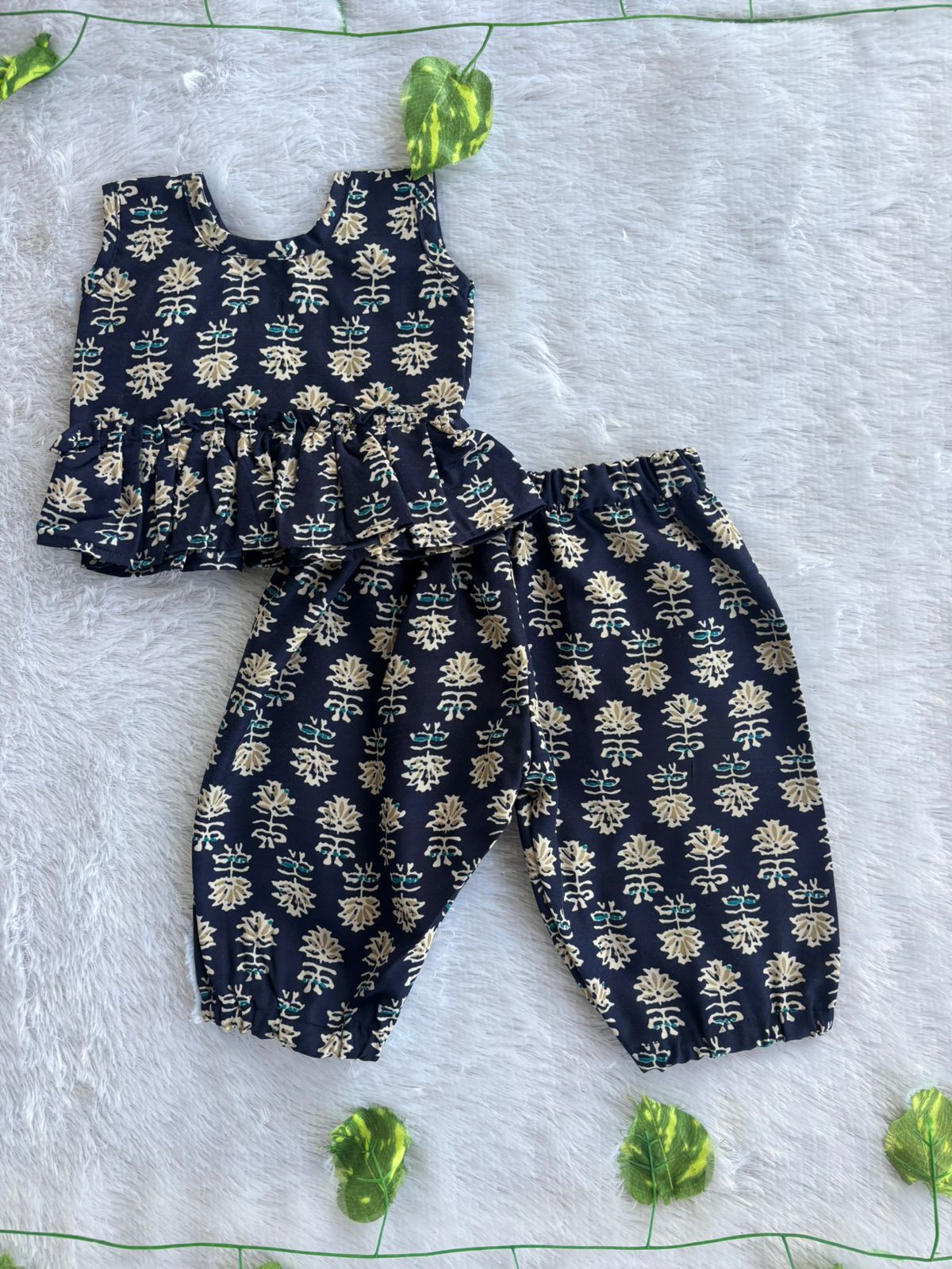 (CTP015) Navy Blue Printed Peplum Top & Pant Co-ord Set