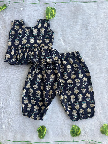 (CTP015) Navy Blue Printed Peplum Top & Pant Co-ord Set