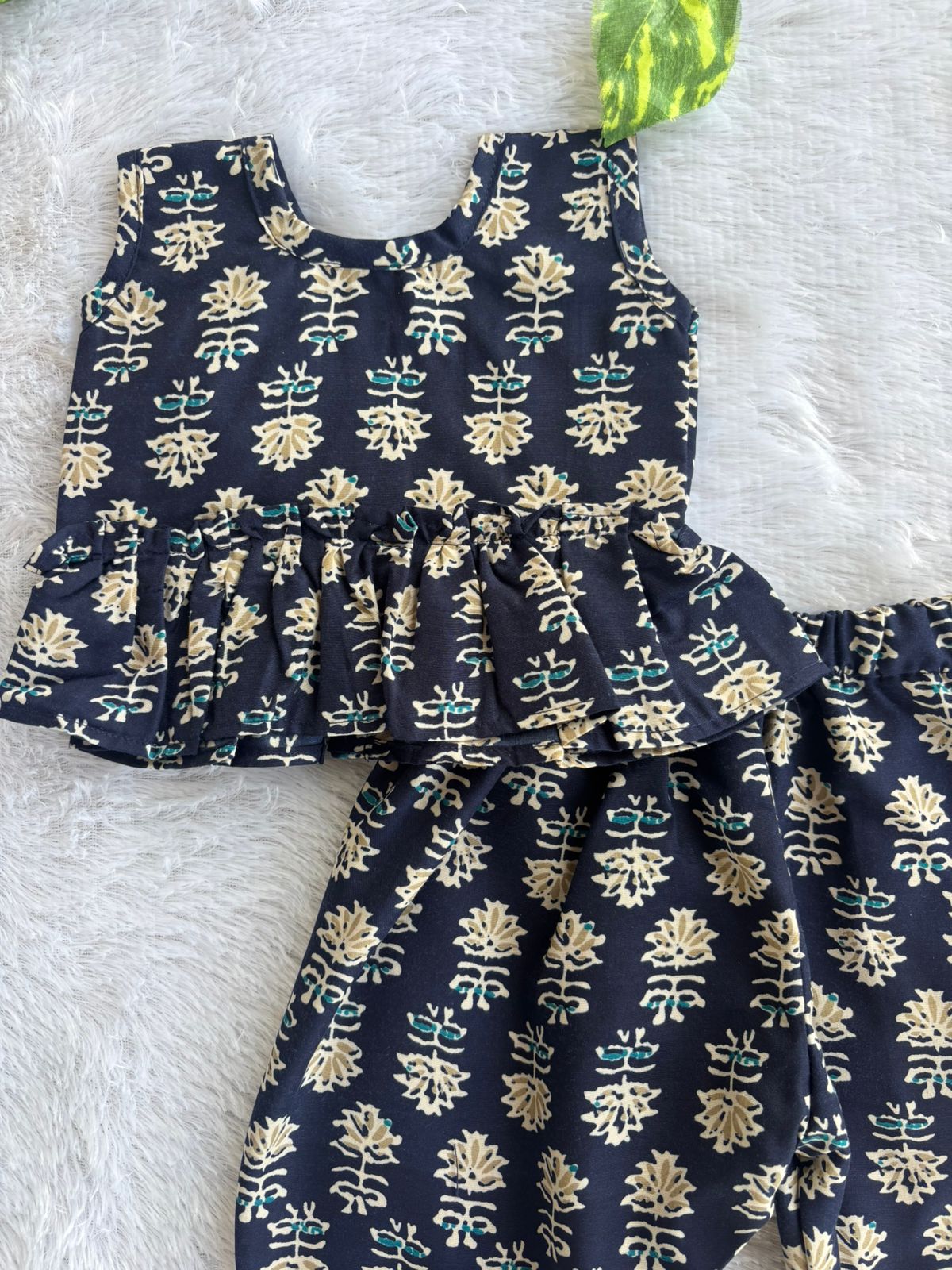 (CTP015) Navy Blue Printed Peplum Top & Pant Co-ord Set