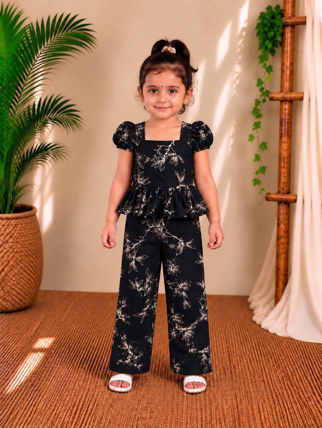 (CTP018) Black floral Coord Top and Pant Set