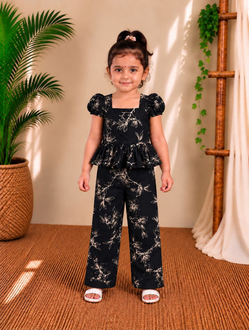 (CTP018) Black floral Coord Top and Pant Set