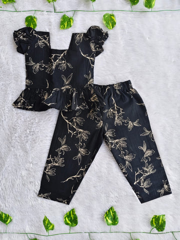 (CTP018) Black floral Coord Top and Pant Set