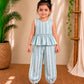 (CTP019) Light Blue and White Striped Peplum Top with Cuffed Pants Co-ord Set