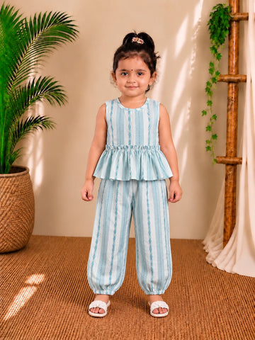 (CTP019) Light Blue and White Striped Peplum Top with Cuffed Pants Co-ord Set