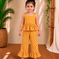 (CTP020)Mustard Yellow Geometric Floral Printed Peplum Top with Ruffled Trousers Co-ord Set