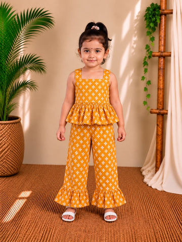 (CTP020)Mustard Yellow Geometric Floral Printed Peplum Top with Ruffled Trousers Co-ord Set