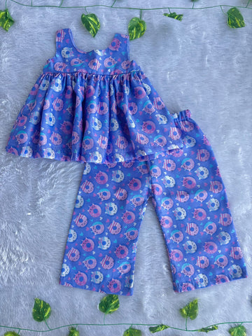 (CTP021) Purple Donut Print Peplum Top with Matching Trousers Co-ord Set