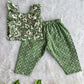 (CTP023) Fresh Floral Ruffle-Sleeve Peplum Top with Chevron Trousers Set