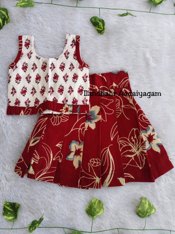(CTS002) White with Reddish Brown Soft Cotton Skirt And Top