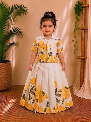 (CTS003) Girls Cotton Yellow &  Half White Skirt and Top Set