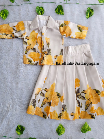 (CTS003) Girls Cotton Yellow &  Half White Skirt and Top Set