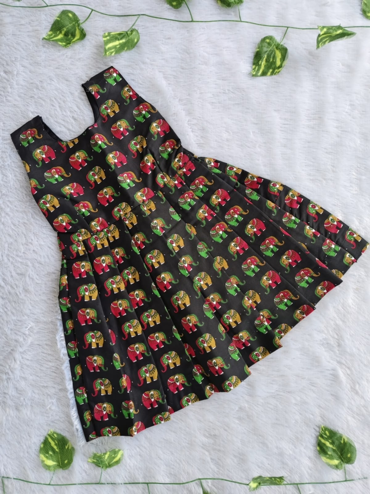 (CF009) Traditional black elephant motif print sleeveless dress.