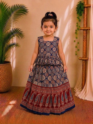 (CTS014)Traditional navy blue and maroon Ajrakh print lehenga set.