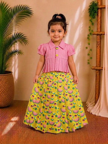 (CTS016) Playful pink and yellow tropical fruit print Lehenga set