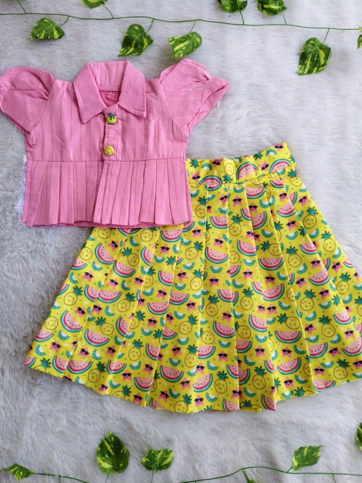 (CTS016) Playful pink and yellow tropical fruit print Lehenga set