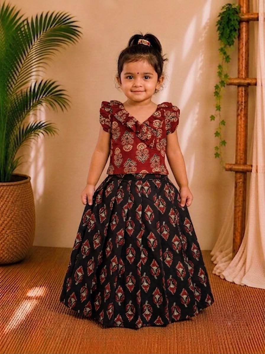(CTS017) Traditional maroon and black block print ruffled lehenga set.