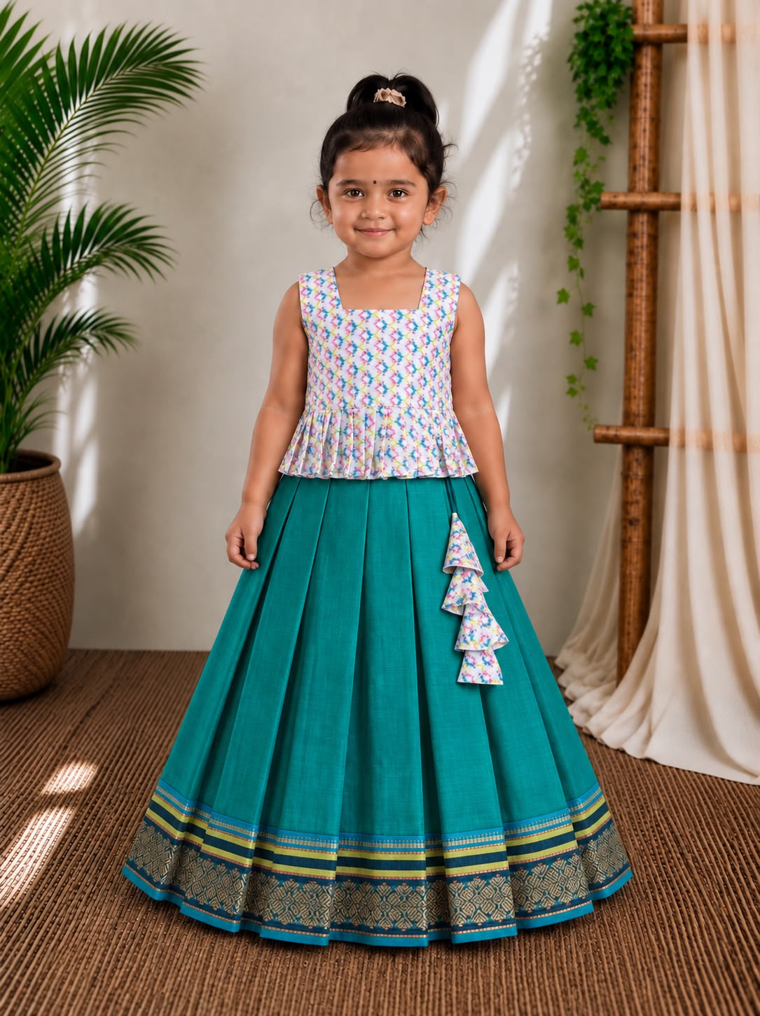 (CTS024) Multi-Color Abstract Ikat Printed Peplum Top with Emerald Green Pleated Skirt Co-ord Set