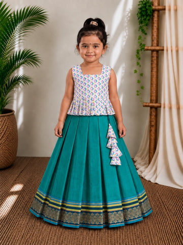 (CTS024) Multi-Color Abstract Ikat Printed Peplum Top with Emerald Green Pleated Skirt Co-ord Set