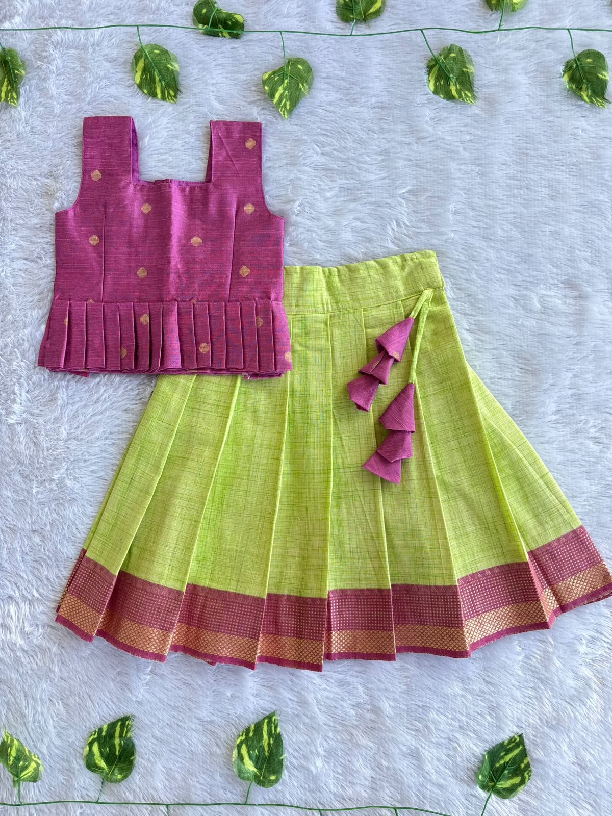 (CTS025) Purple and Green Brocade Pleated Peplum Top with Matching Skirt Co-ord Set