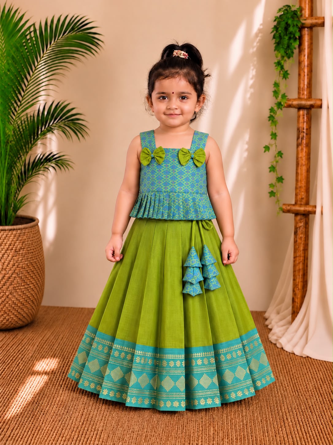 (CTS026) Blue & Green Brocade Bow-Accent Peplum Top  Co-ord Set