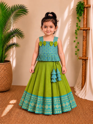 (CTS026) Blue & Green Brocade Bow-Accent Peplum Top  Co-ord Set