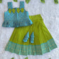 (CTS026) Blue & Green Brocade Bow-Accent Peplum Top  Co-ord Set