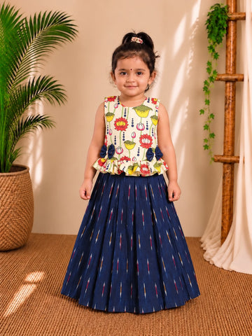 (CTS027)Pichwai Printed Bow-Accent Peplum Top with Ikat Pleated Skirt Co-ord Set