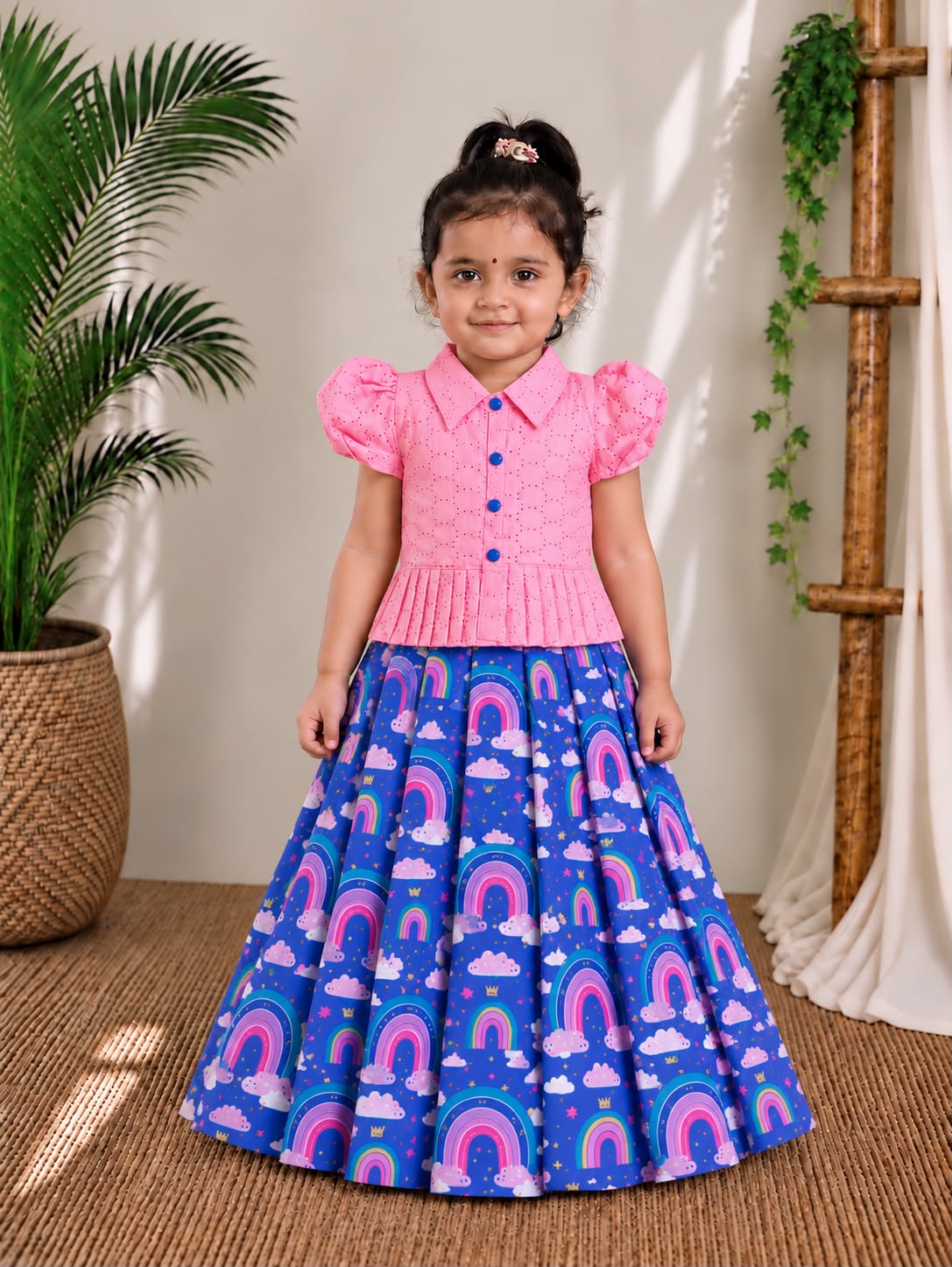 (CTS030) Charming Pink and Blue Rainbow Print Two-Piece Ethnic Set for Girls