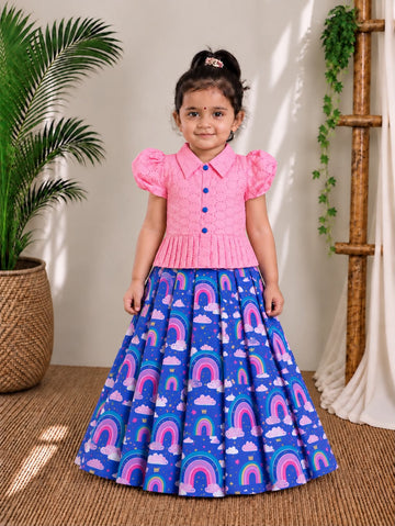 (CTS030) Charming Pink and Blue Rainbow Print Two-Piece Ethnic Set for Girls