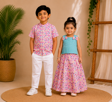 (SCC002) Coordinated Pink Fruit-Print & Sky Blue Sibling Combo Set