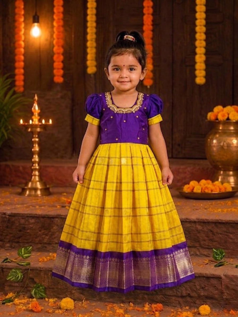 (EF001) Traditional Purple & Bright Yellow Kids Pattu Frock