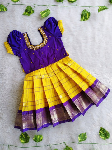 (EF001) Traditional Purple & Bright Yellow Kids Pattu Frock