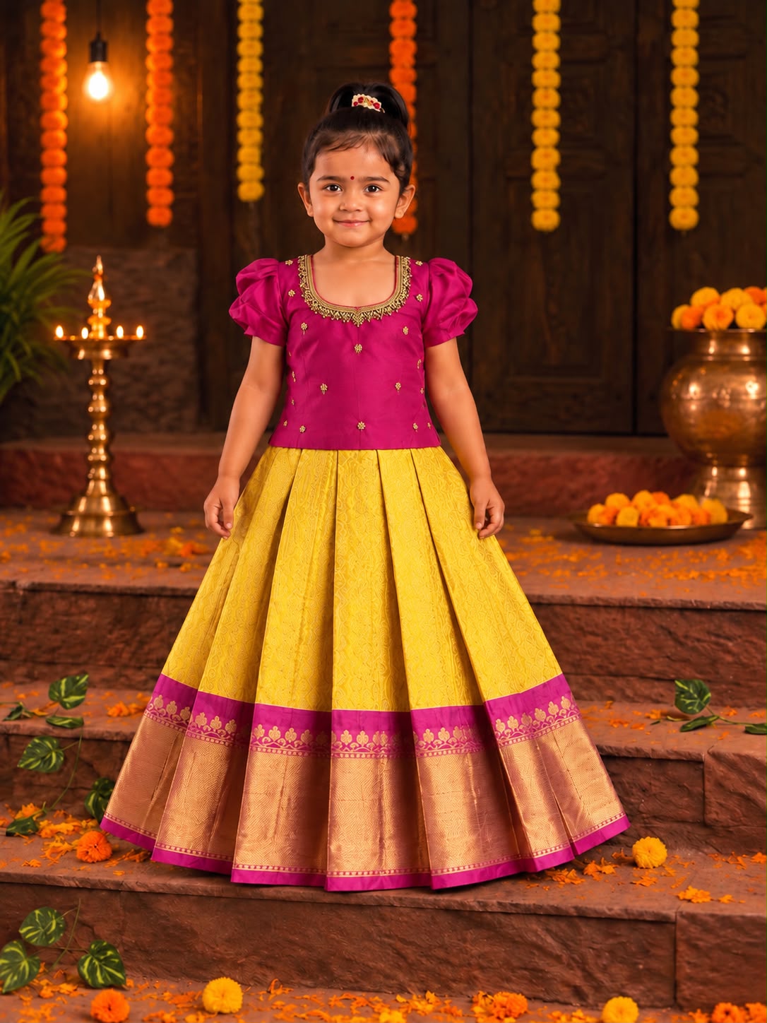 (EF002) Magenta and Yellow Embroidered Puff-Sleeved Frock Set
