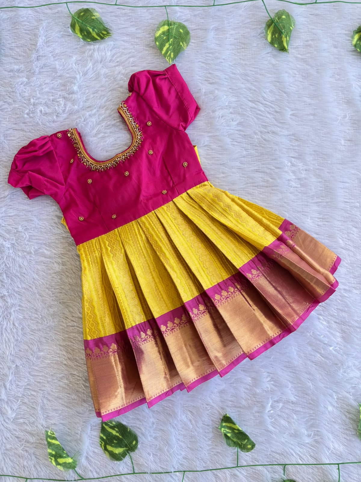 (EF002) Magenta and Yellow Embroidered Puff-Sleeved Frock Set