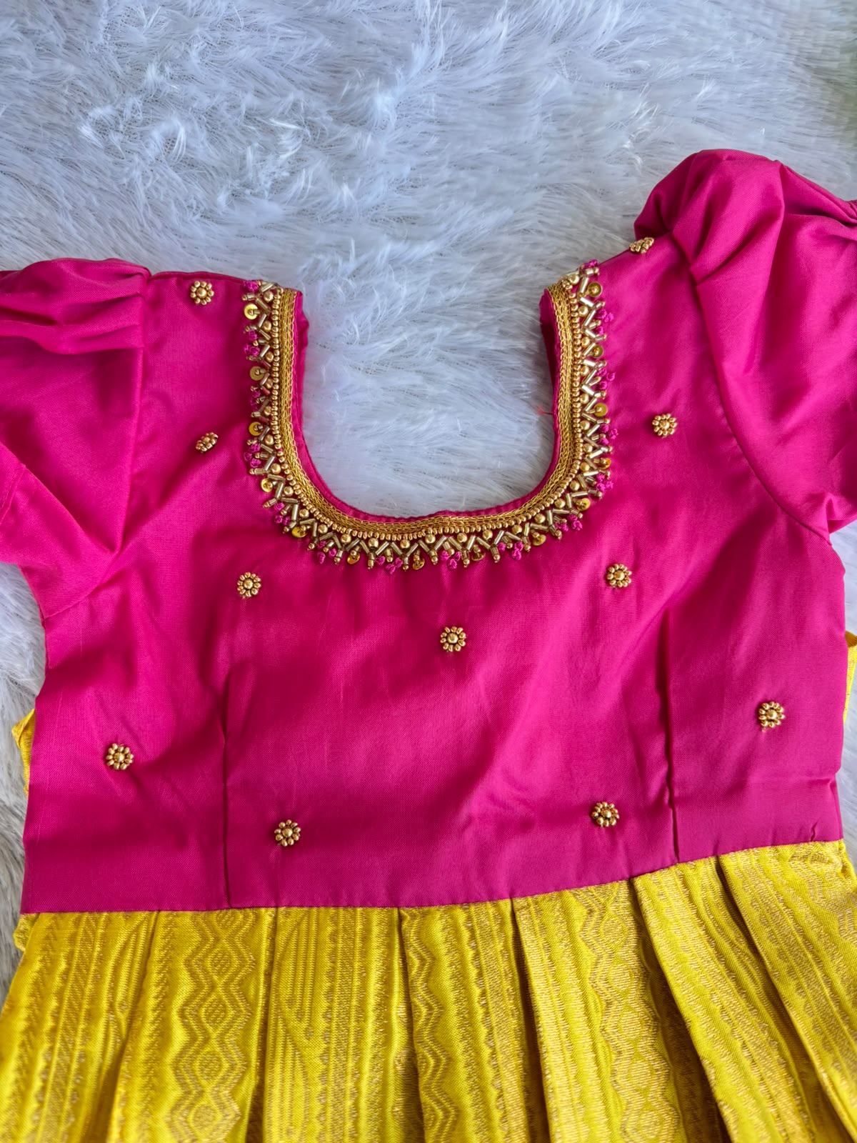 (EF002) Magenta and Yellow Embroidered Puff-Sleeved Frock Set