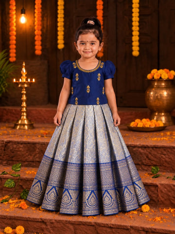 (EFC004) Elegant Royal Blue & Silver Brocade Girl's Pattu Pavadai Set
