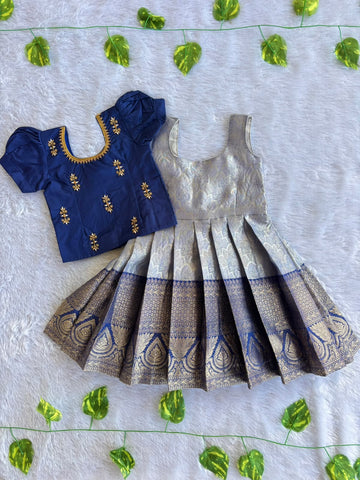 (EFC004) Elegant Royal Blue & Silver Brocade Girl's Pattu Pavadai Set