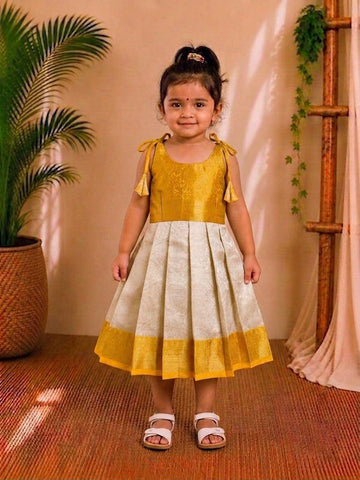 (ETF001)Bright Yellow & Off-White Traditional Zari Weaves Frock