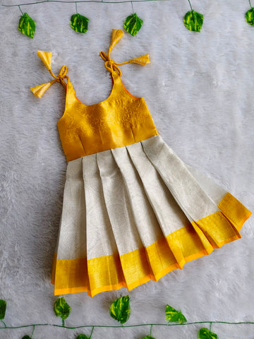 (ETF001)Bright Yellow & Off-White Traditional Zari Weaves Frock