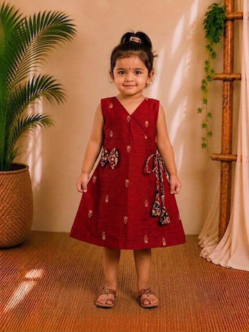 (ETF002) Rich Crimson Red Angrakha-Style Semi Silk Frock