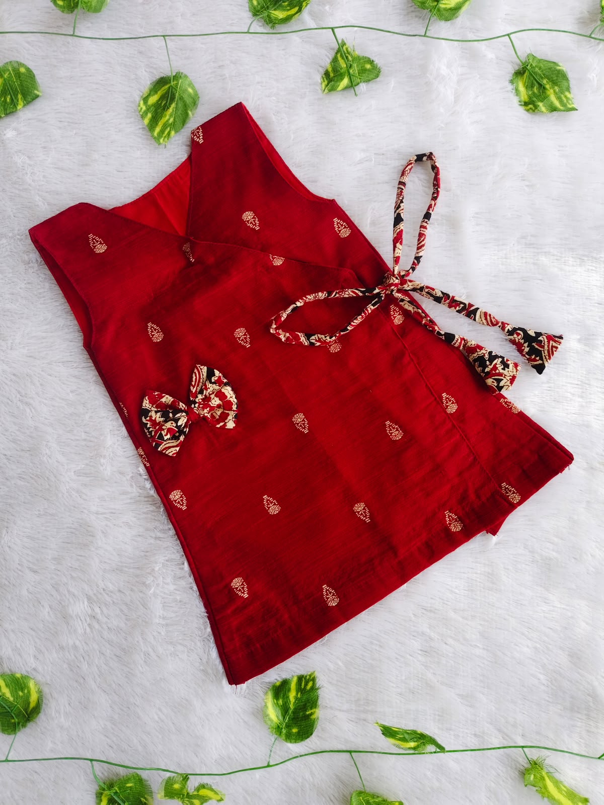 (ETF002) Rich Crimson Red Angrakha-Style Semi Silk Frock