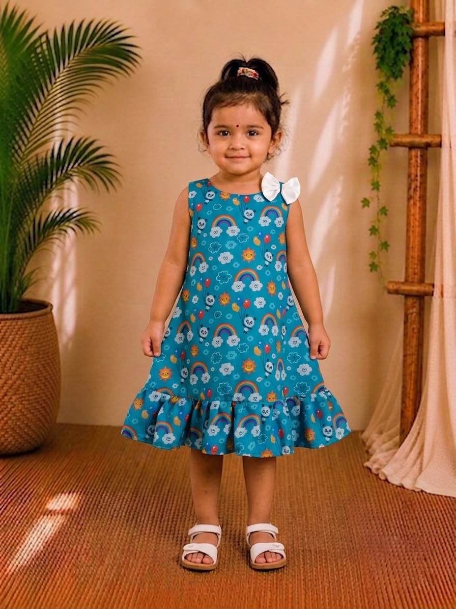 (ETF003)Vibrant Teal Rainbow & Panda Printed Ruffle Frock