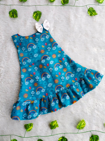 (ETF003)Vibrant Teal Rainbow & Panda Printed Ruffle Frock