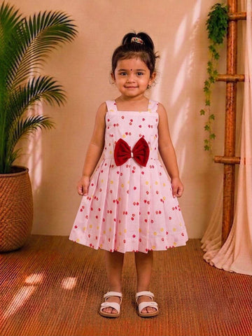 (ETF004) Girls Peachy Pink Floral Frock with Red Bow