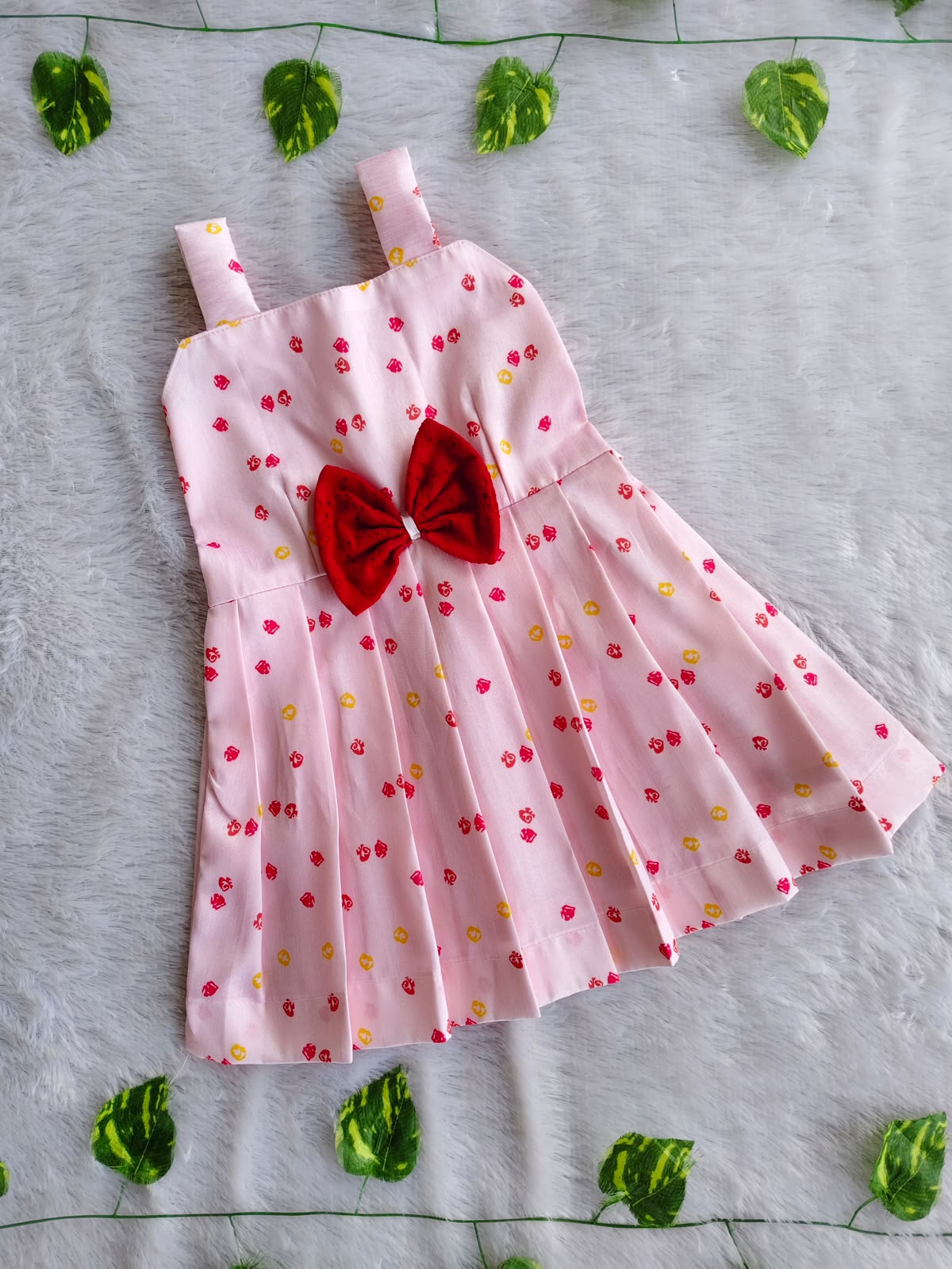 (ETF004) Girls Peachy Pink Floral Frock with Red Bow