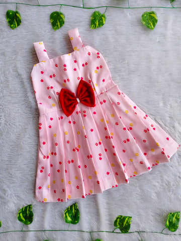 (ETF004) Girls Peachy Pink Floral Frock with Red Bow