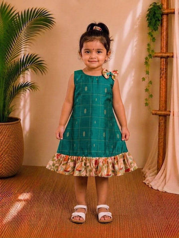 (ETF007)Emerald Green Zari Checked Frock with Kalamkari Ruffle Trim