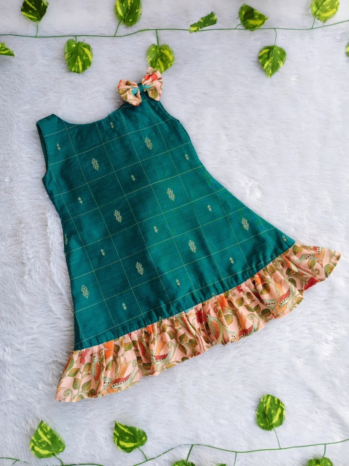 (ETF007)Emerald Green Zari Checked Frock with Kalamkari Ruffle Trim