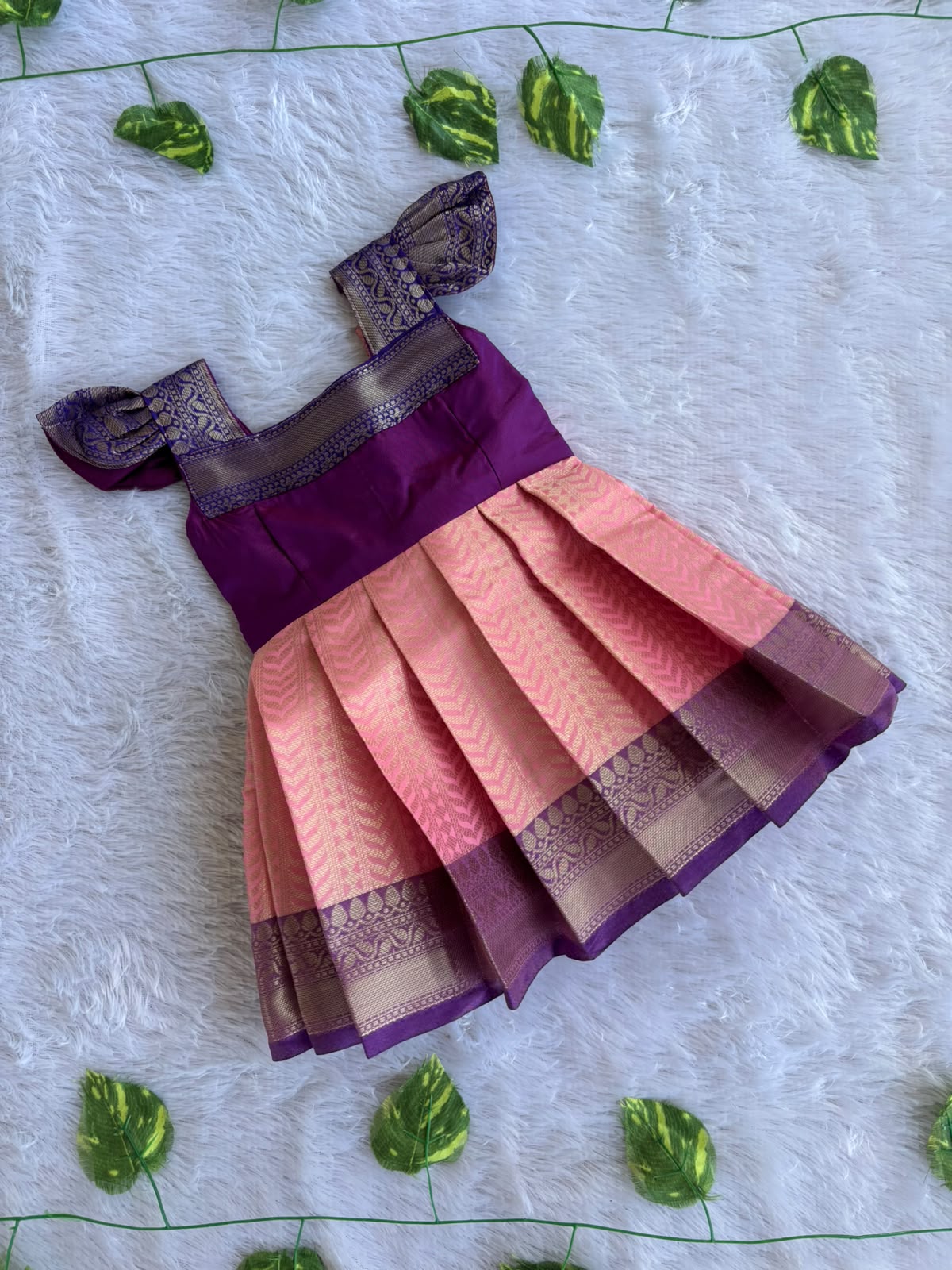 (ETF008)Elegant peach and purple Semi silk-style flared festive dress.